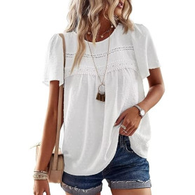 TUUHAW Femme Chemisier Boho Blouse Manches Courtes Col Rond Tunique Dentelle T-Shirt Fluide Tops Chemise Chic et Élégant