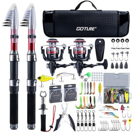 Goture Ensemble de Pêche avec 2 Canne à Pêche Télescopique, Ensemble Complet de d'outils de Pêche et d'appâts avec 2 Moulinet de