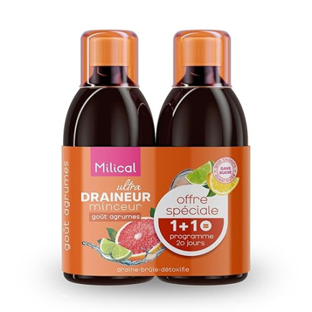 Draineur Ultra | Lot de 2 Flacons de 500 ml | Affine la Silhouette | Laboratoire Milical (Agrumes)