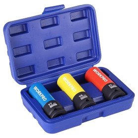WORKPRO Jeu de 3 Douilles à Choc 1/2", Douilles à Impact en CR-MO 17 mm, 19 mm, 21 mm, avec Boîte de Rangement, pour Protection