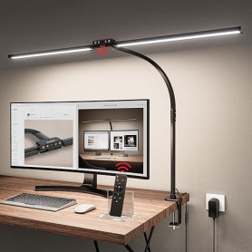 Jeebel Lampe de Bureau LED Puissante 24W 80cm Lampe de Table à Double Tête avec Télécommande, Pince 9,5cm, Réglable 360°, 10 Mod