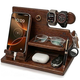 TESLYAR Cadeau Homme – Organisateur de Bureau en Bois avec Support Téléphone et Montre, Station d’Accueil, Docking Station, Supp