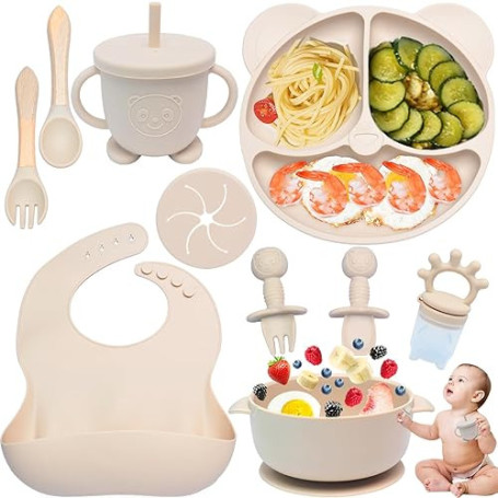 Dazhtu 10 Pièces Coffret Repas Bebe Silicone, Assiette bebe Set Vaisselle Assiette ventouse pour bébé, Bavoir Silicone Bebe, fou