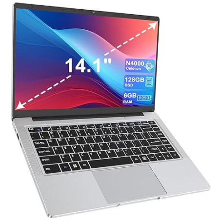 Ordinateur Portable 14 pouces 2 cœurs (jusqu’à 2,6 GHz) PC Portable 6 Go DDR4 128 Go SSD, WiFi 5G, Mini-HDMI, Design Sans Ventil