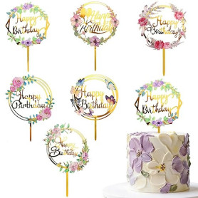 DIELOVEHUA 6 Pièces Décoration de Gâteau Happy Birthday, Acrylique Paillettes Cupcake Toppers, Fleurs et Papillons Gateau Topper