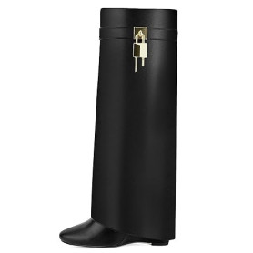 HYYH CFPL Bottes hautes pour femmes à revers, bout pointu, à enfiler, au-dessus du genou, avec fermeture zippée latérale, talon