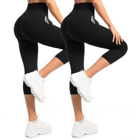 Sanpetix Lot de 2 leggings 3/4 pour femme avec poches, leggings capri taille haute pour femme, pantalons élastiques doux pour l'