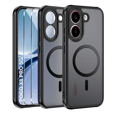 Effcotuo Magnétique Coque pour Xiaomi POCO X8 Pro 5G Case avec MagSafe avec Verre Trempé Protection écran Anti-Chute Silicone So