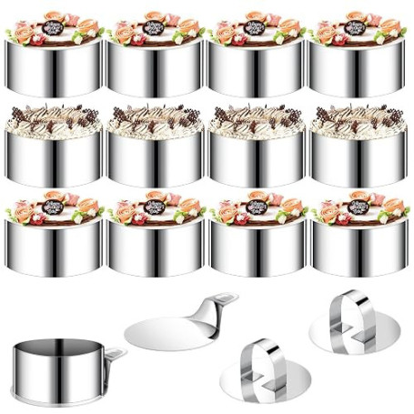 VINATO Set de 12 Cercles à Desserts avec 2 couvercles et 2 socles, Cercle de Service en Acier Inoxydable, diamètre 8 cm pour Mou