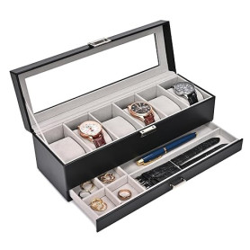 ProCase Boite a Montre à 2 Niveaux, 6 Emplacements avec Coussins pour Montres, 2ème Compartiment pour des Petits Bijoux Accessoi