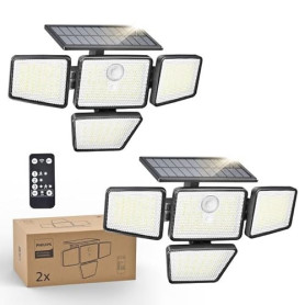 Philips lampe Solaire de Sécurité Extérieur, 196 LED avec Détecteur de Mouvement PIR, 3 Modes, 4 Têtes Orientables, Projecteur à
