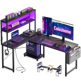 Coleshome Bureau Gaming Angle avec LED et Prises, 135 × 100 cm Bureau Gaming Réversible avec Étagères, Table en L avec Sac de Ra
