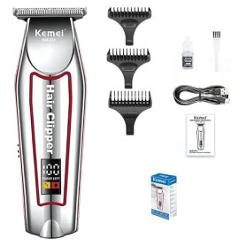 Kemei Tondeuse Cheveux barbe corps Professionnelle, Écran LCD, Rechargeable USB, Kit de Coiffure avec 3 Guides de Coupe, Argent