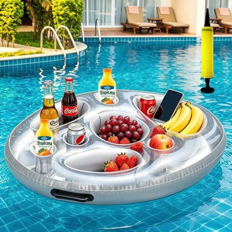 DAJASD Gonflable Porte Gobelet Piscine, 8 Trous Grand Plateau Piscine, 2 en 1 Porte-gobelet Gonflable avec Pompe À Air, 71X56cm