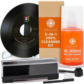 Kit Nettoyage Vinyle par SPINCARE | 5-en-1 Nettoyante pour LP Disques Vinyle, Antistatique Tampon Nettoyant en Velours, Support