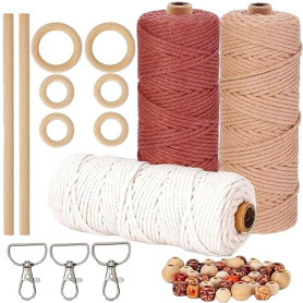 HanCheng Parure de fil à macramé 60 m, 3 mm, 3 couleurs (beige, bordeaux, vieux rose) avec 40 perles en bois, 6 anneaux, 2 bâton