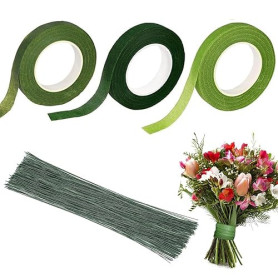3 Rouleau Floratape Fleuriste (27m/Rouleau)＋100 Tige Fleur Artificielle,pour Bouquets de Fleurs Travaux Manuels Floraux