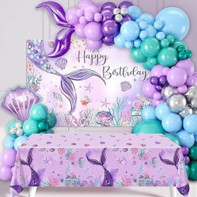 Kit Arche Ballon Sirène, 109pcs Decoration Anniversaire Sirène en Ballon Bleu Vert Violet, Nappe Sirène & Toile De Fond pour Dec