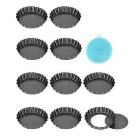 Highkit Lot de 10 Moule a Tarte à Fond Amovible, Revêtement Antiadhésif Moulle Tartelettes Mini 10 cm X10 Rond pour Quiche Gatea