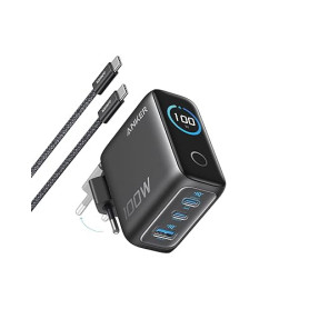 Anker Chargeur USB C 100W Max 3 Ports, Adaptateur Ordinateur Portable Mural GaN et Ultra-Compact, écran Intelligent et Contrôle