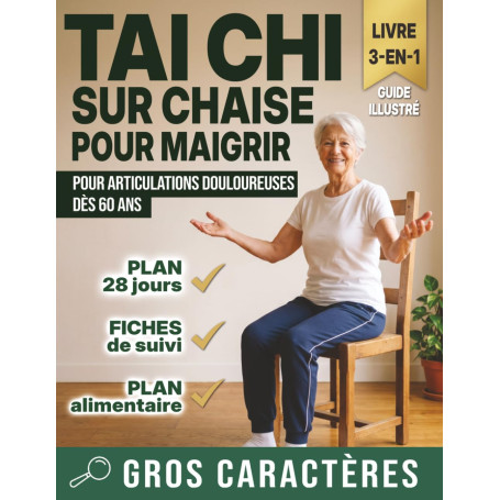 Tai Chi sur Chaise pour Maigrir: pour articulations douloureuses dès 60 ans. Livre 3-en-1, gros caractères, plan de 28 jours, fi