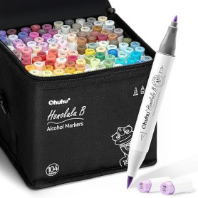 Ohuhu Marqueurs à alcool 104 couleurs, Marqueurs à croquis à double pointe (pinceau et pointe fine) pour les Marqueurs artistiqu