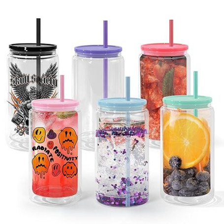 AGH life Lot de 6 gobelets en verre pour sublimation vierges 473 ml, canettes transparentes à double paroi, gobelets pour sublim