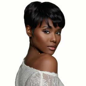 Becus Perruque Femme Naturelle Courts Cheveux Humains Noirs Pixie Cut Perruque Brésiliens Vrais Cheveux Courts Noirs Avec Frange