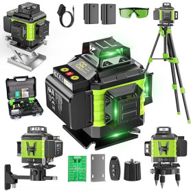 Niveau Laser Chantier Autonivelant 360° x 4, Lazer Niveaux 4D 16 Lignes Laser, Autonivellement et Mode Pulsé Extérieur, 2 x Batt
