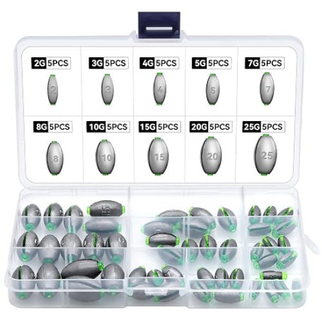 RUNYU 50 Pièces Plomb Peche, Plomb de Pêche Plombs Split Shot Amovibles avec Boîte de Rangement pour la Pêche en Plein Air (2g/3