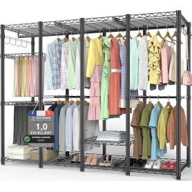 AQRA Portant à Vêtements, Conception de Porte-Pantalons Professionnel,9 Étagères Hauteur Réglable,5 Barres,4 Options d'Assemblag