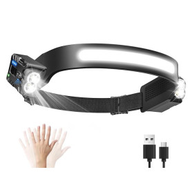 Diboniur Lampe Frontale LED Ultra Puissante avec 8 Modes d'Éclairage, IPX4 Étanche Lampe Frontale Rechargeable avec Détecteur de