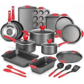 NutriChef Batterie de Cuisine 21 Pièces Antiadhésive – Casseroles Poêles Moules Ronds Carrés Pain Muffins Plaque Pizza Plaque Bi