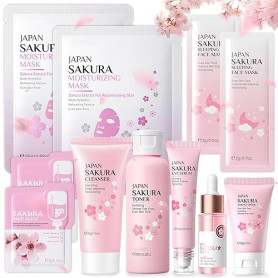 Sakura Kit de soin du visage 11 pièces, kit de soins de la peau quotidiens, avec nettoyant, toner, nettoyage et soin du visage,
