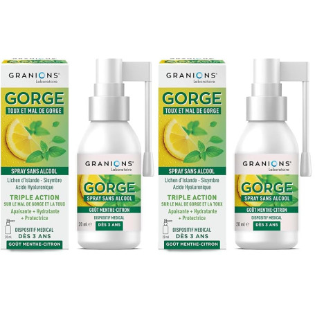 GRANIONS SPRAY GORGE |Toux et Mal de Gorge - Sans Alcool - Triple action apaisante, hydratante et protectrice - Dispositif médic