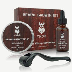 Kit de Croissance de Barbe VIKICON, Rouleau de Derma à barbe + Huile de Sérum de Croissance de Barbe + Baume à Barbe, Cadeau Par