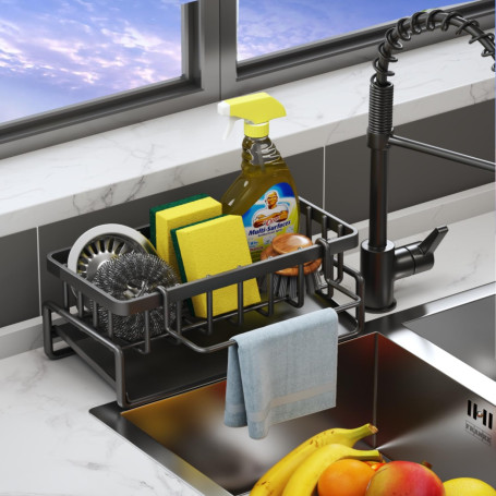 VILCEN Porte Éponge Évier Cuisine avec Cuvette de Auto-vidange, Organisateur Evier Cuisine avec Porte-Serviettes et Rangement, N
