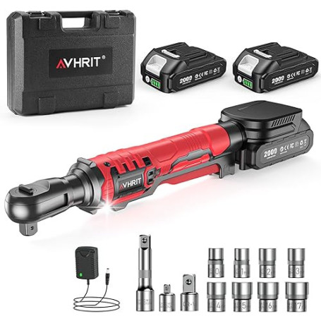 Avhrit Clé à cliquet sans fil 3/8",Max 120Nm, Cliquet Électrique avec LED, 2x 2.0Ah Batteries, Coffret de 11 Douilles——Idéal pou
