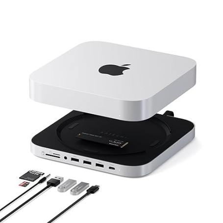 SATECHI Hub Mac Mini & Support avec Boîtier SSD NVMe/SATA M.2, Données 10Gbps, 3X USB-A 5/10Gbps et Prise Audio, pour Mac Mini M
