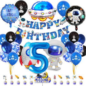 Décoration d'anniversaire pour enfant garçon de 5 ans, décoration de l'espace, ballon en aluminium astronaute, fusée, décoration
