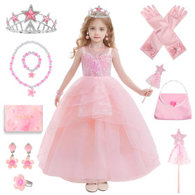 TOSZOLY Robe Glinda Enfant de Princesse, Glinda Costume Princesse Rose avec Accessoires de Baguette Magique Princesse Couronne, 