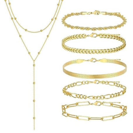 FENQURO 6 Pcs Chaîne longue en Y pour femmes-Collier multi-rangs en acier inoxydable, Bracelet, Bijoux pour femmes, Chaîne longu