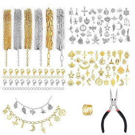 6 Rouleau Chaine Acier Inoxydable, Chaînes de Collier Or Argen, Kit Fabrication Bijoux, avec 80 Breloque Acier Inoxydable (Modèl