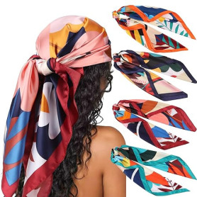 DRESHOW 4 Pack Femmes Grand Foulards Carrés Satin Foulards Cheveux Accessoires Soie Carrés Motifs Classiques Bandanas Plage