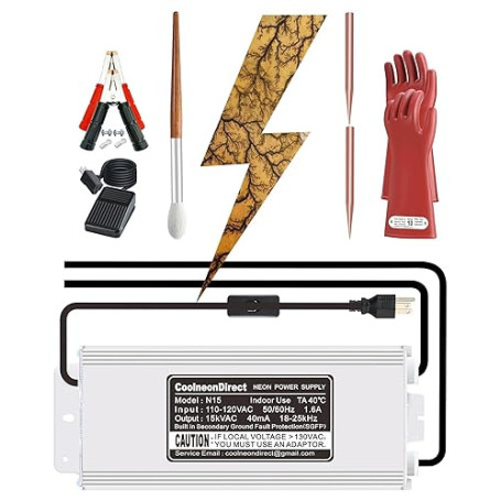 Coolneon Lichtenberg Kit de machine à bois fractale 15 kVAC avec tiges transformateurs, pinces, brosse, gants, interrupteur à pi