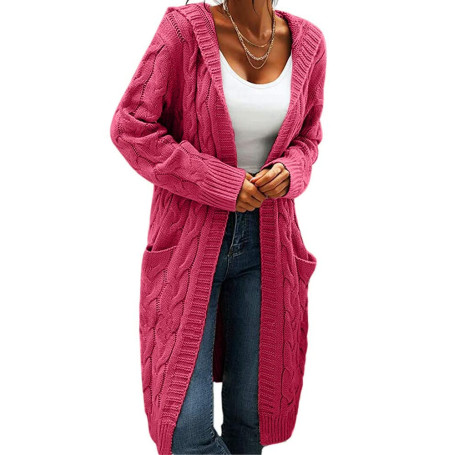 GeGekoko Cardigan à Capuche Ouvert sur Le Devant pour Femme - Pull en Tricot torsadé de Couleur Unie - Manteaux Longs