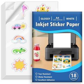 Euqvunn 18 Sheets Feuille Autocollante Imprimante A4, Blanc Brillant Imperméable Vinyle Imprimable Papier Autocollant, Feuille C