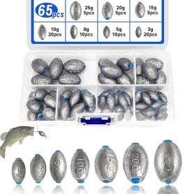XSHAO® 65 Pièces Plomb de Pêche Poids, Plombs Olive de Pêche 3g/ 5g/ 8g/ 10g/ 15g/ 20g/ 25g avec Boîte de Rangement pour la Pêch