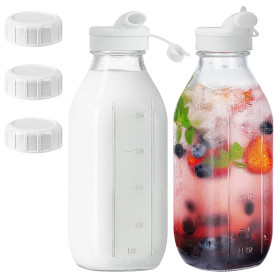 LUPATDY Lot de 2 bouteilles en verre avec couvercle de 1 l - Bouteilles de lait avec bouchon à vis - Bouteilles de jus à remplir