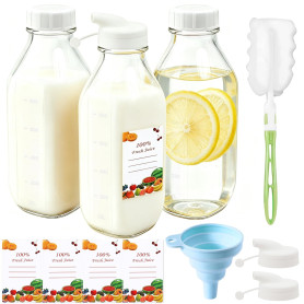 Mssushi Lot De 3 Bouteilles en Verre Avec Couvercles 1000ml Bouteilles en Verre Carrées À Large Ouverture Pour Smoothies,Jus,Lai